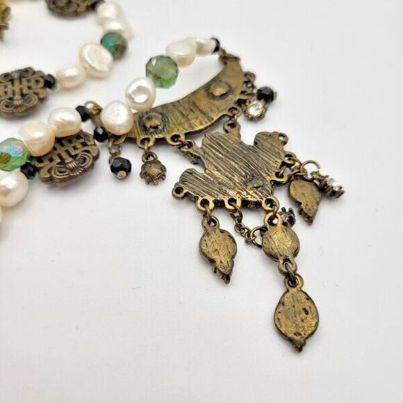 Antique Brass Finished Statement Pendant Necklace Baroque Pearls Glass Beads 18" - Picture 6 of 7